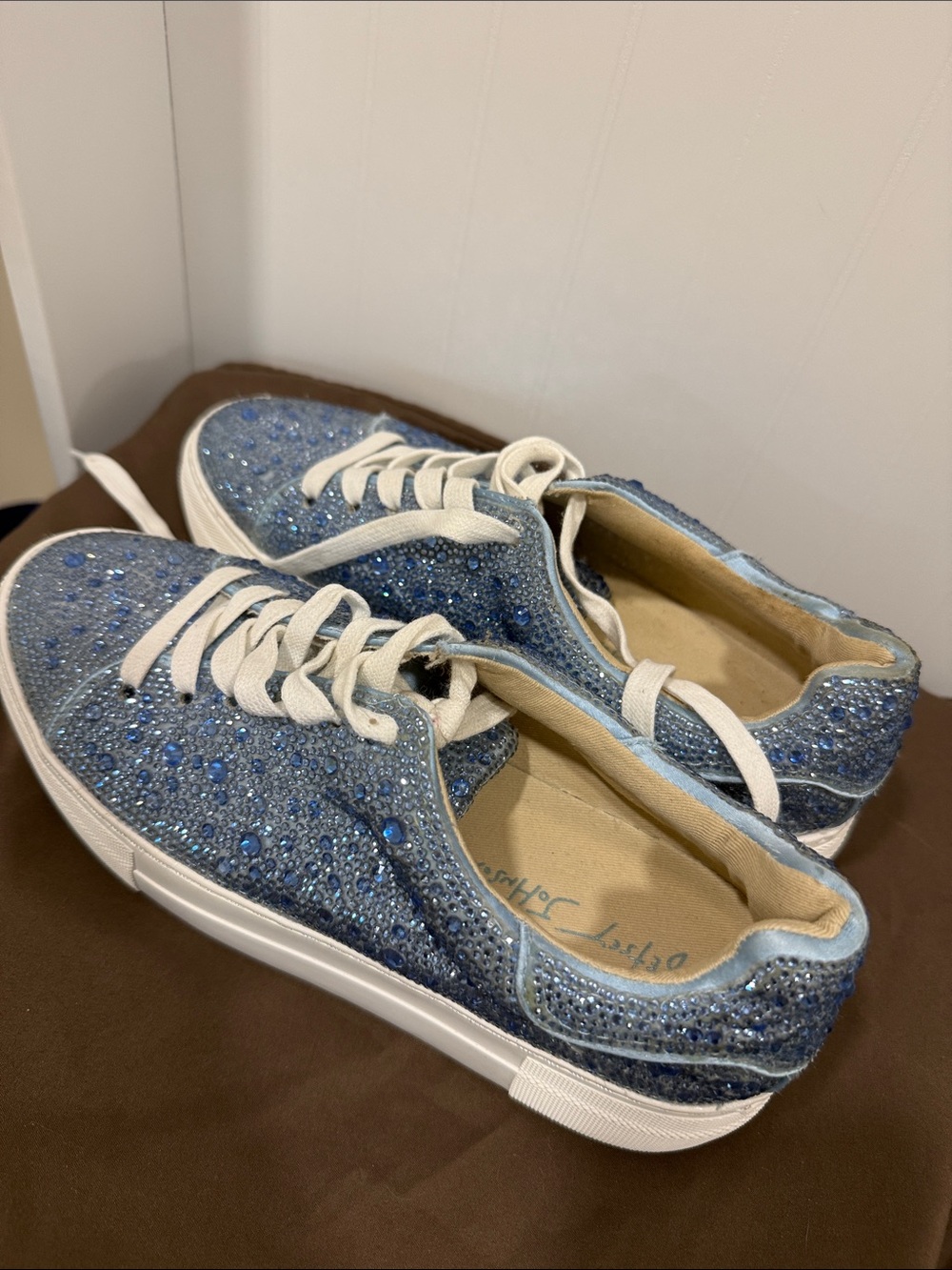 Betsey Johnson Blue Crystal Embellished Lace-Up Sneakers